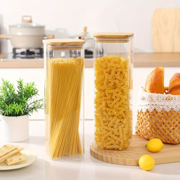 Glass Jar with Bamboo Lid – SQ Long Jars - Vases Glass Jar with Bamboo Lid – SQ Long Jars - Vases